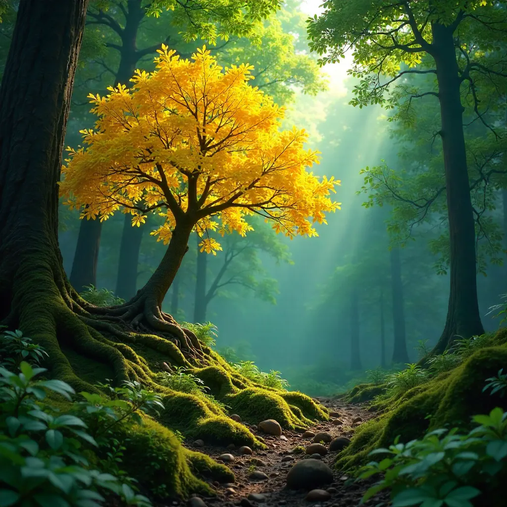Solitary Yellow Tree in Emerald Forest