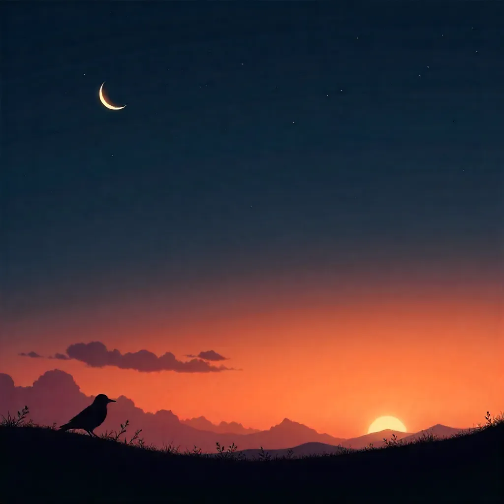 Silhouette at Twilight: Bird and Crescent Moon