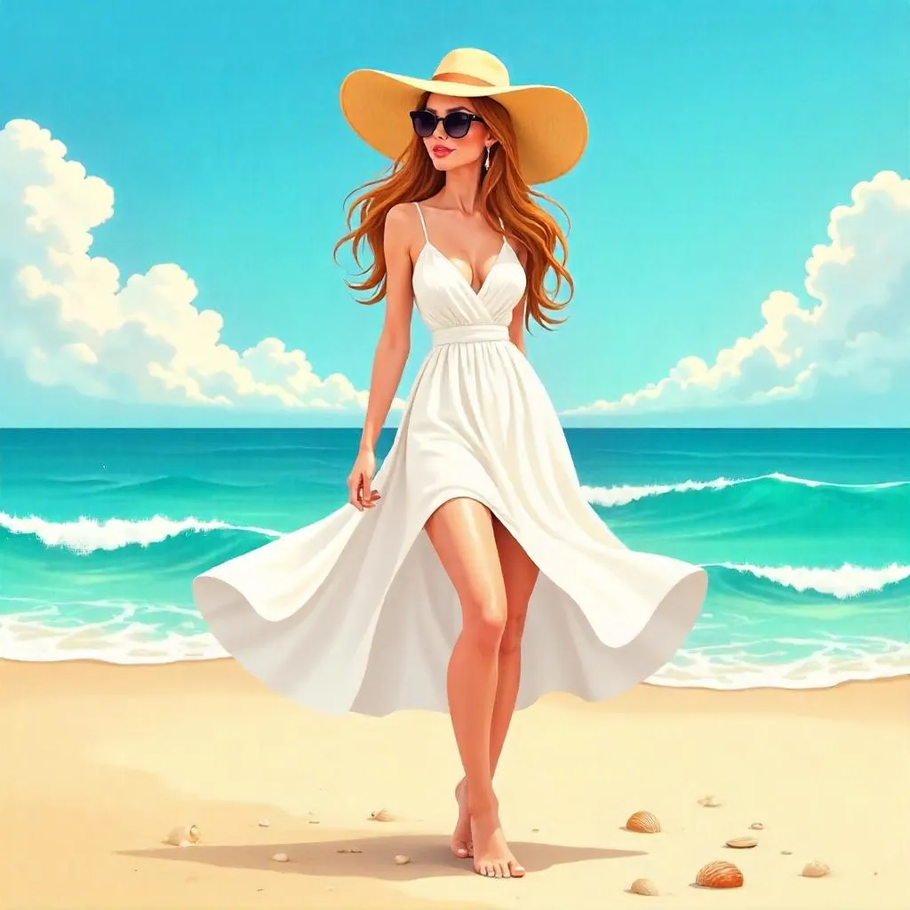 Elegant Cartoon Beach Portrait of a Fair-Skinned Woman