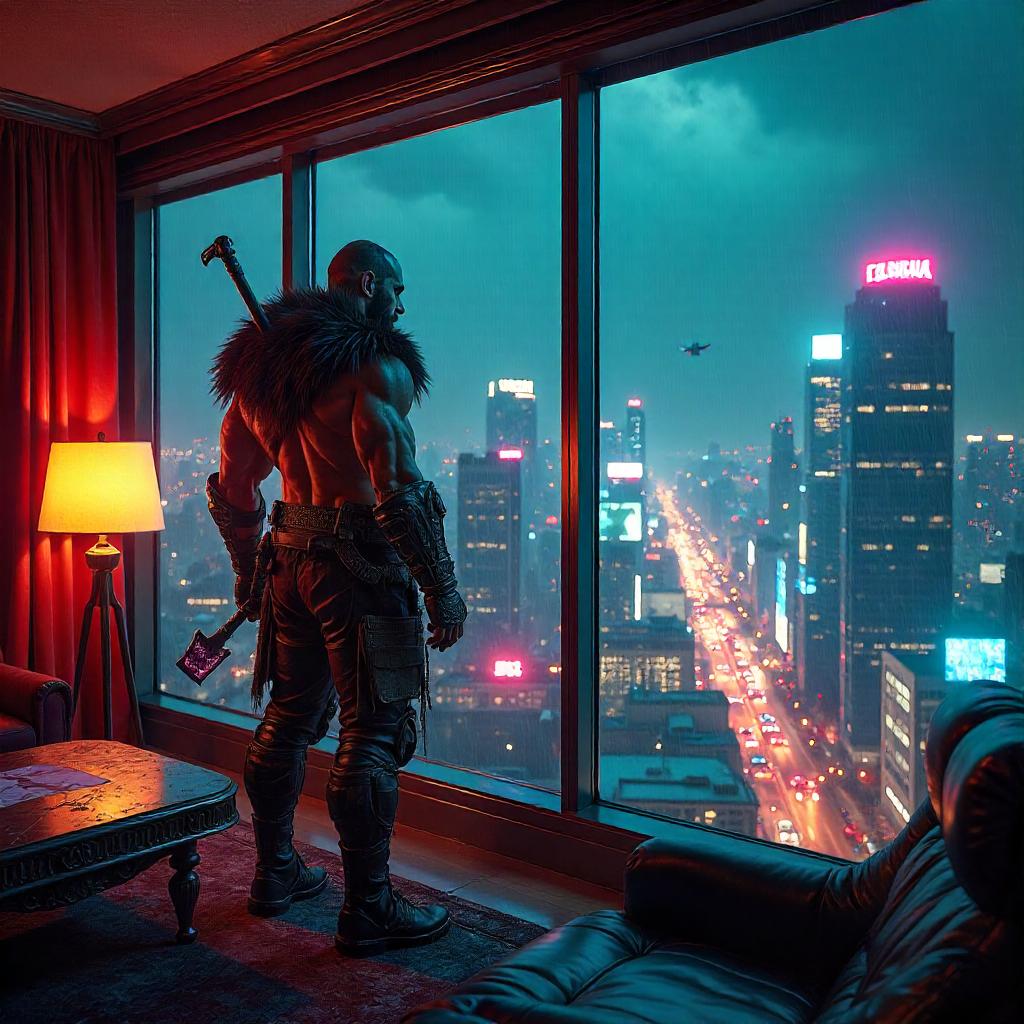 Barbarian Cyberpunk in a Neon Penthouse
