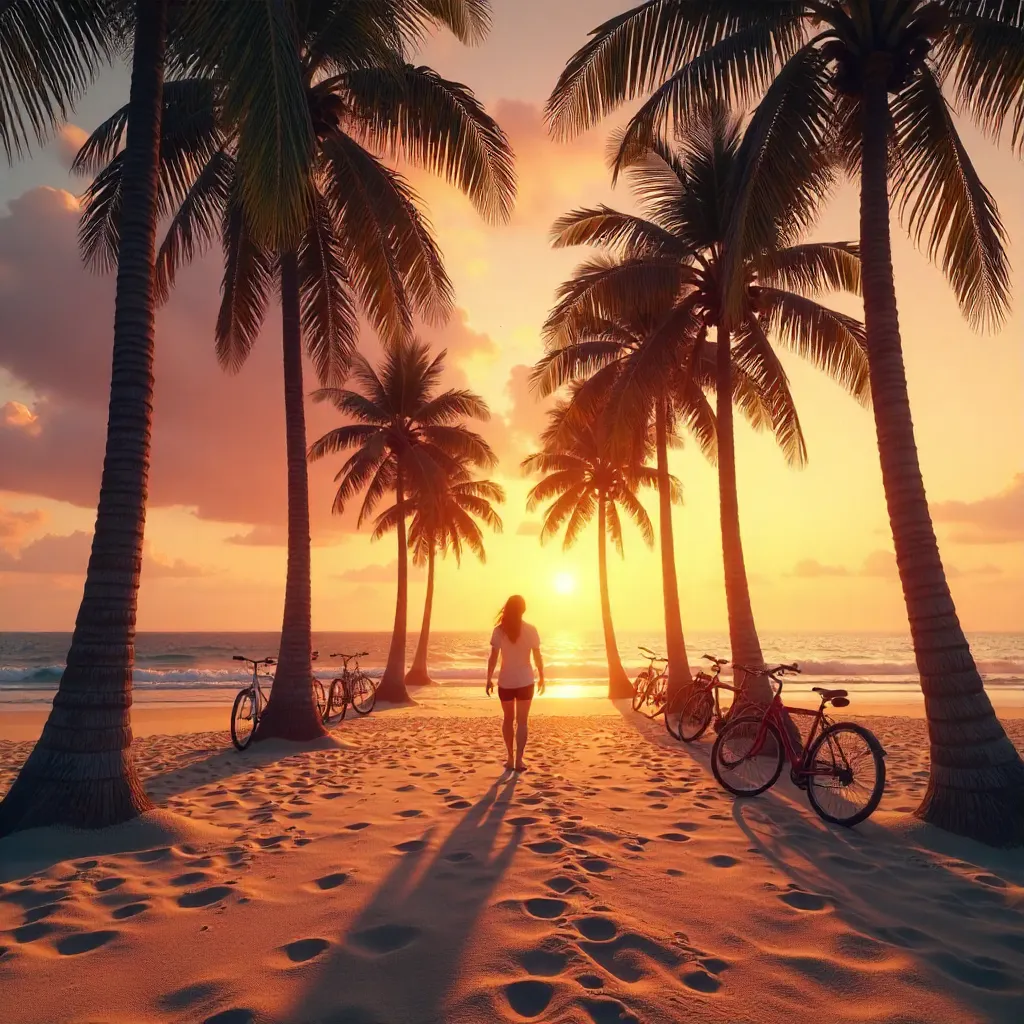 Sunset Beach Walk Among Palm Trees and Bikes