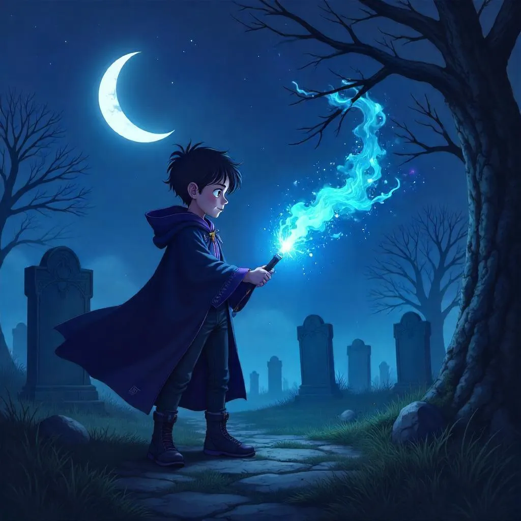 Moonlit Graveyard: Anime Mage with a Glowing Wand