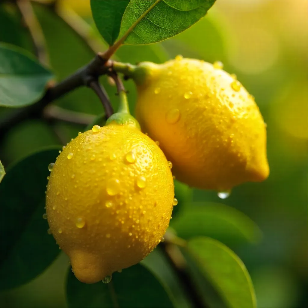 Dewy Lemon Macro: Fresh Lemons on Branches