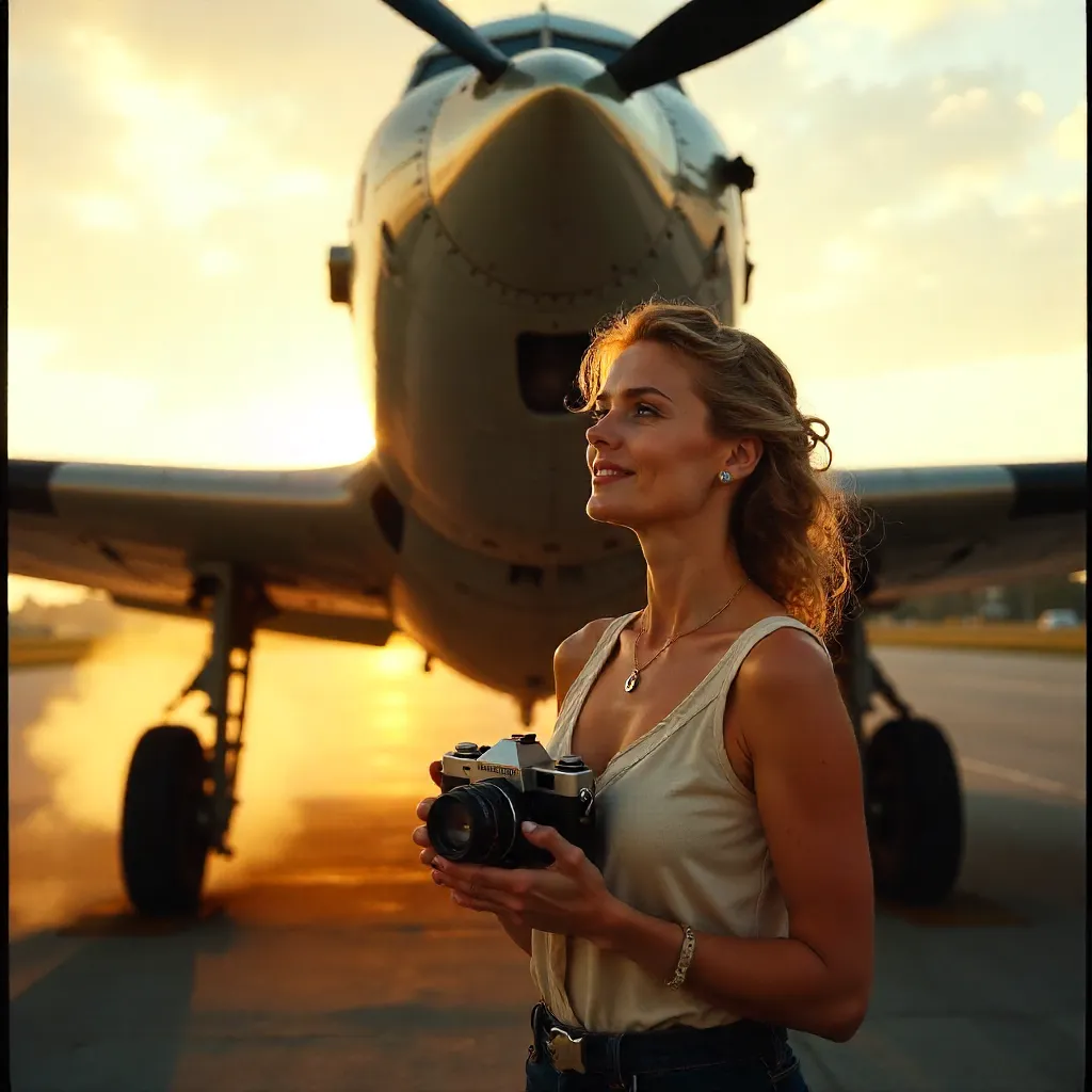 Golden Hour: Woman with Vintage Camera Under Retro Aircraft