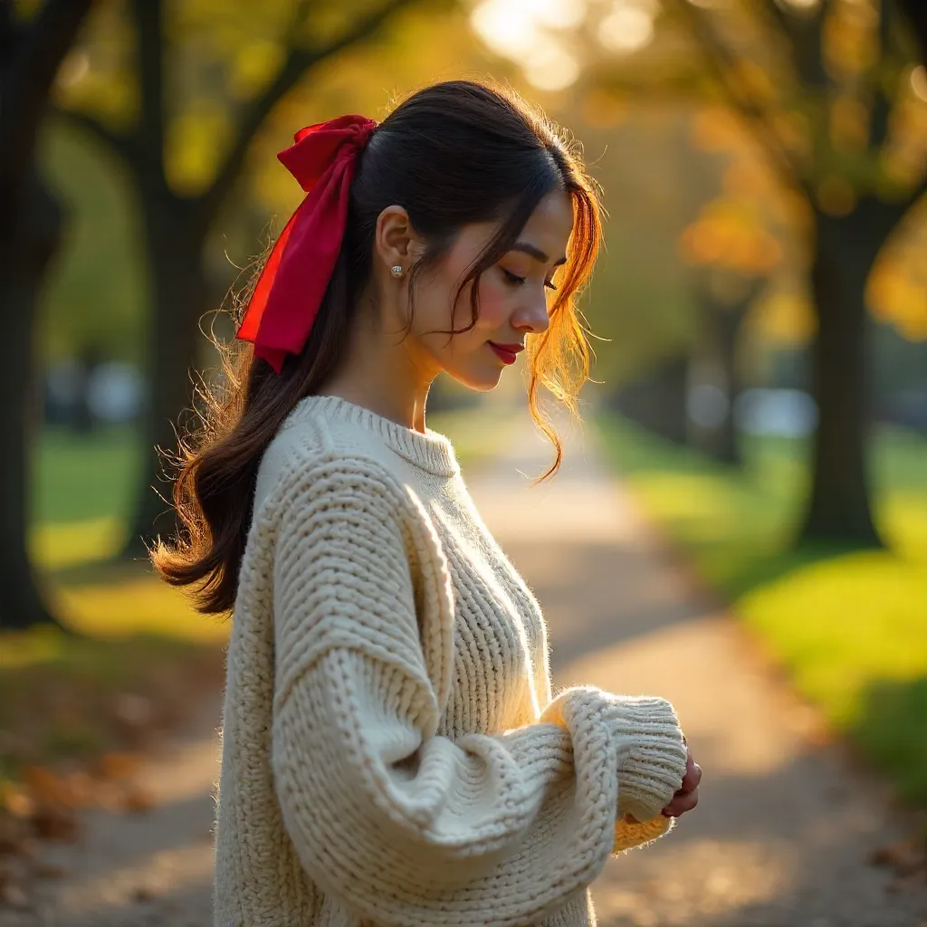 Serene Park Moment: Red Ribbon Hair Adjustment