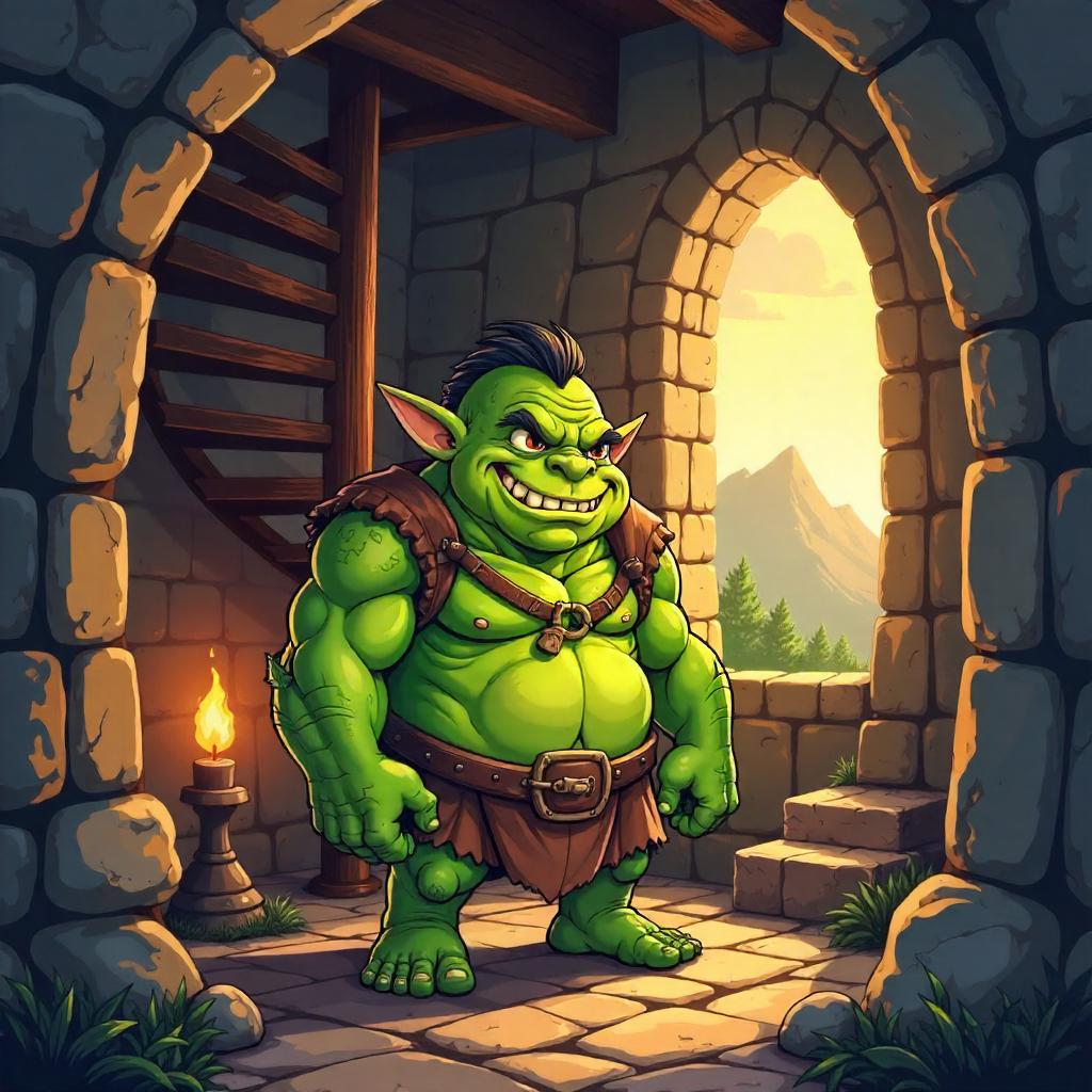 Whimsical Cartoon Orc Inside a Tall Tower