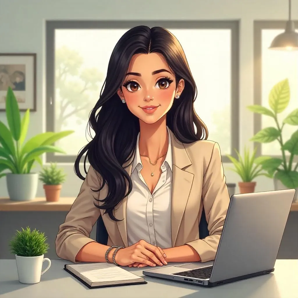 Latina Anime Woman at a Modern Workspace