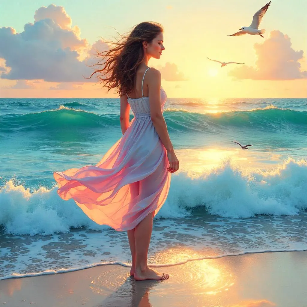 Oceanic Sunset Portrait: Digital Art of a Young Woman