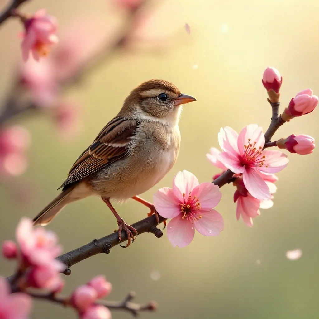 Charming Sparrow Among Spring Cherry Blossoms