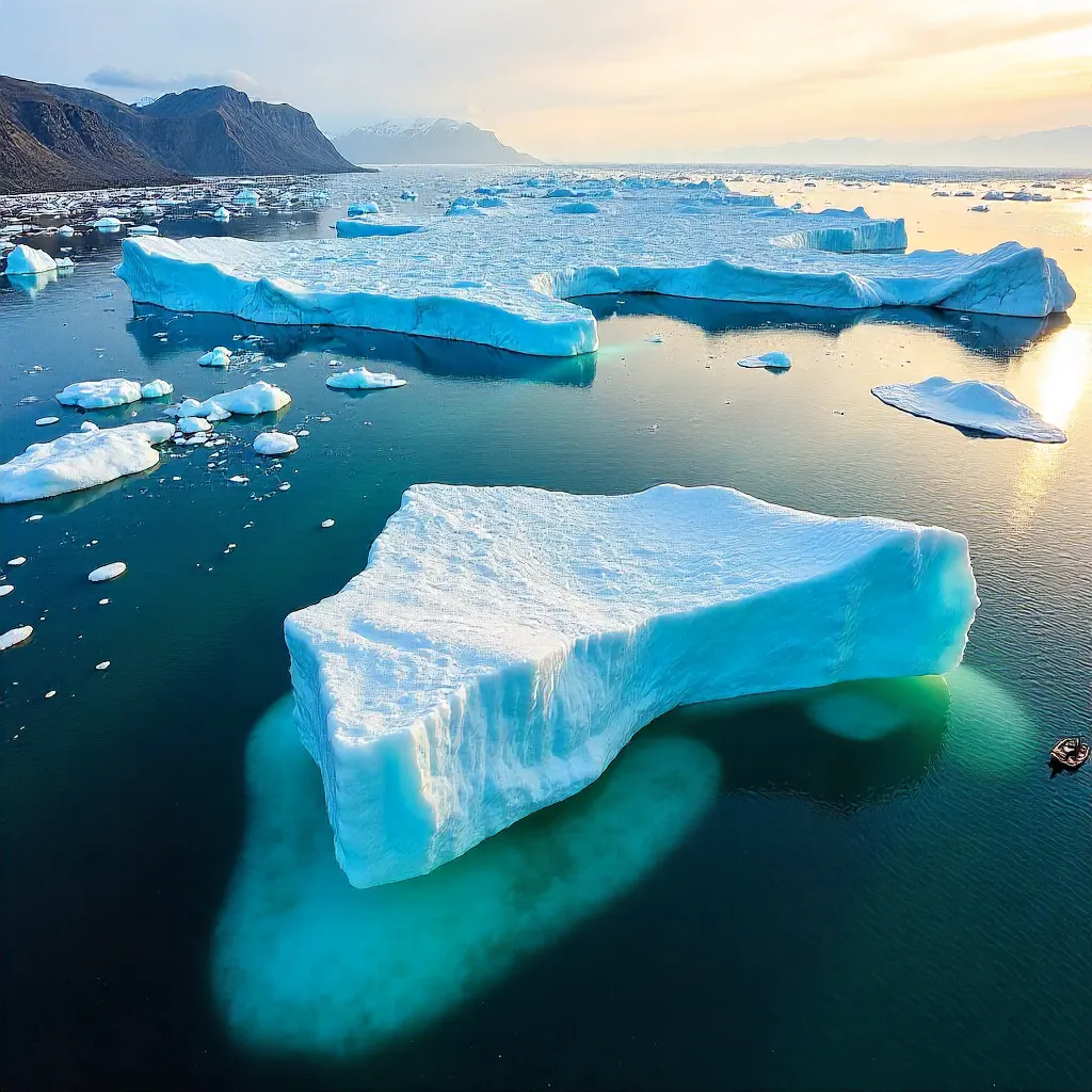Aerial View: Melting Icebergs in Icelandic Turquoise Waters