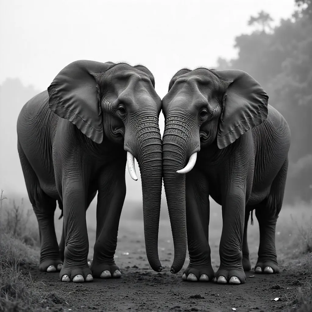 Close Quarters: Black and White Portrait of Two Asian Elephants