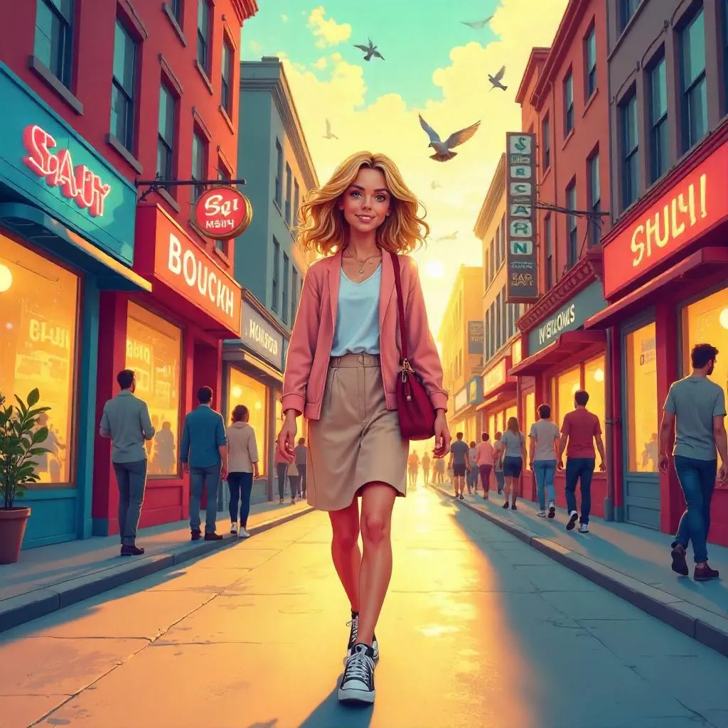 Cartoon City Street: Bright Caucasian Woman