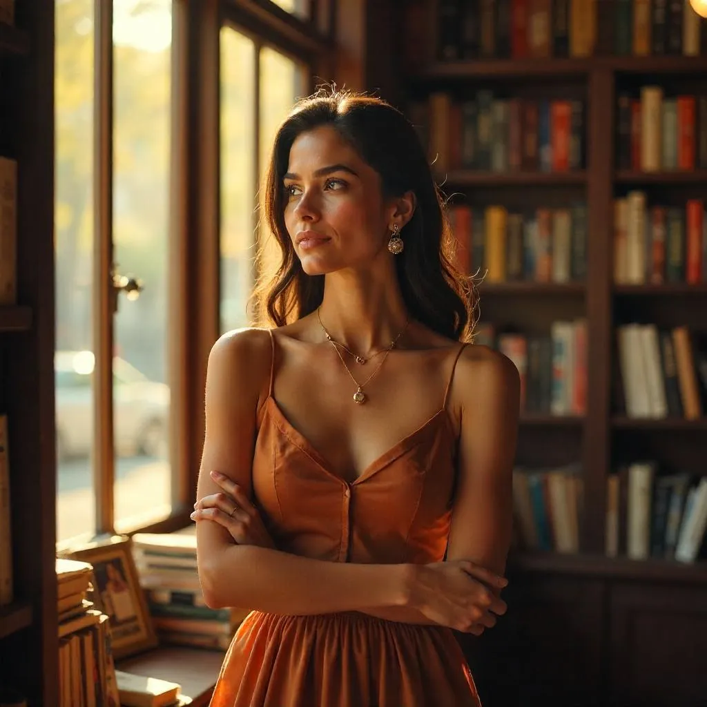 Elegant Latina Woman in a Sunlit Bookstore