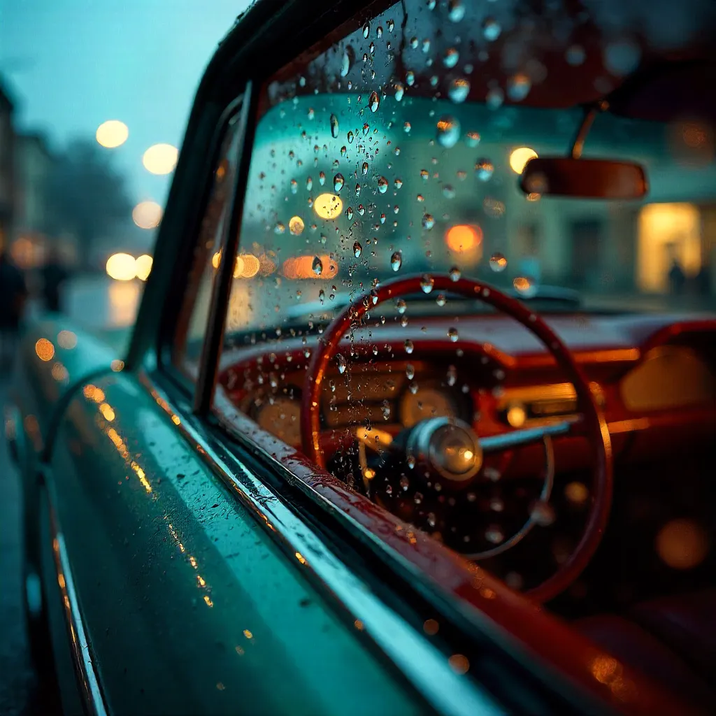 Raindrops on a Vintage Car Window: Red Leather Glow