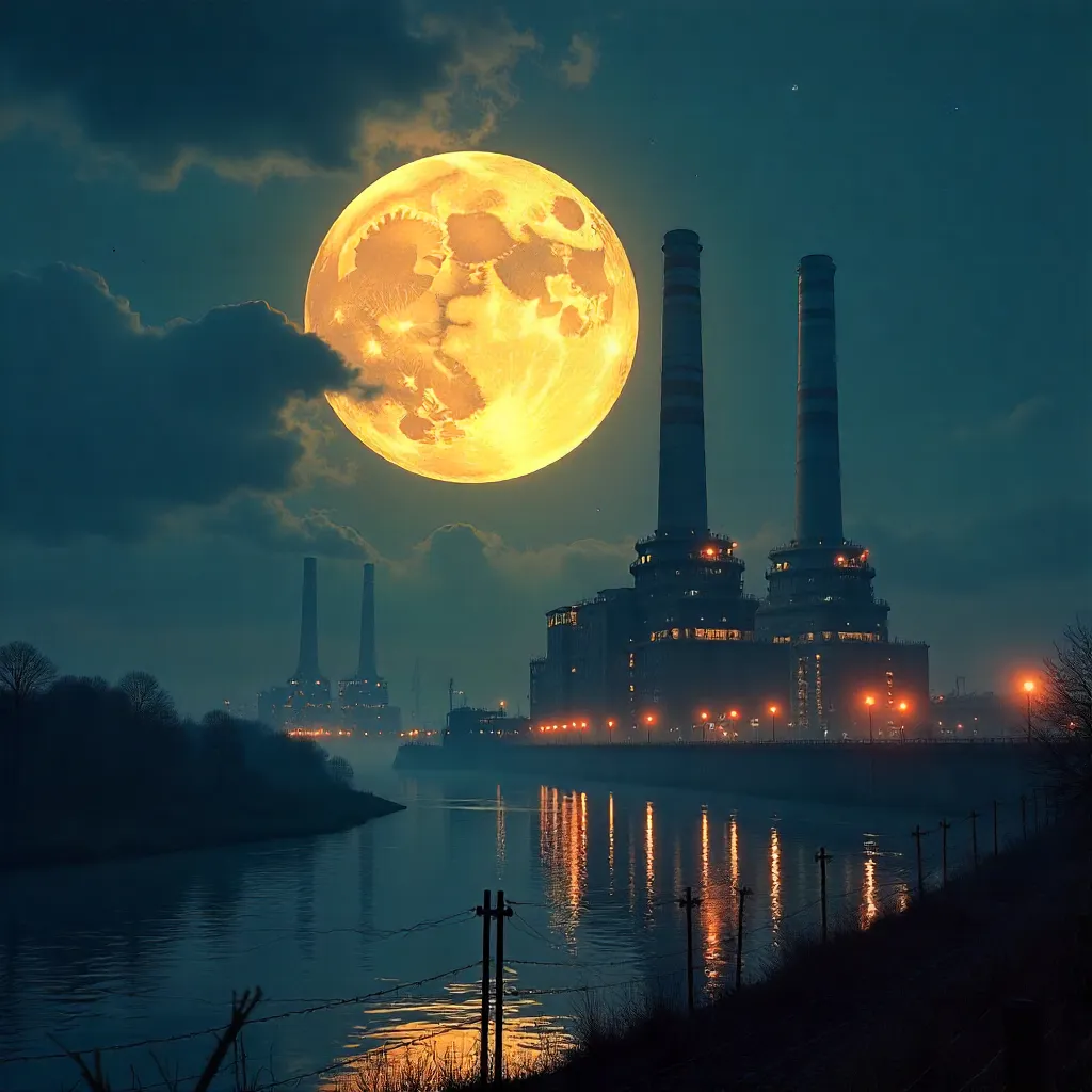 Moonrise Over the Illuminated Power Plant
