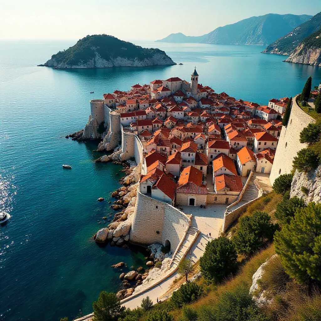 Aerial Dubrovnik: Coastline and Historic Walls