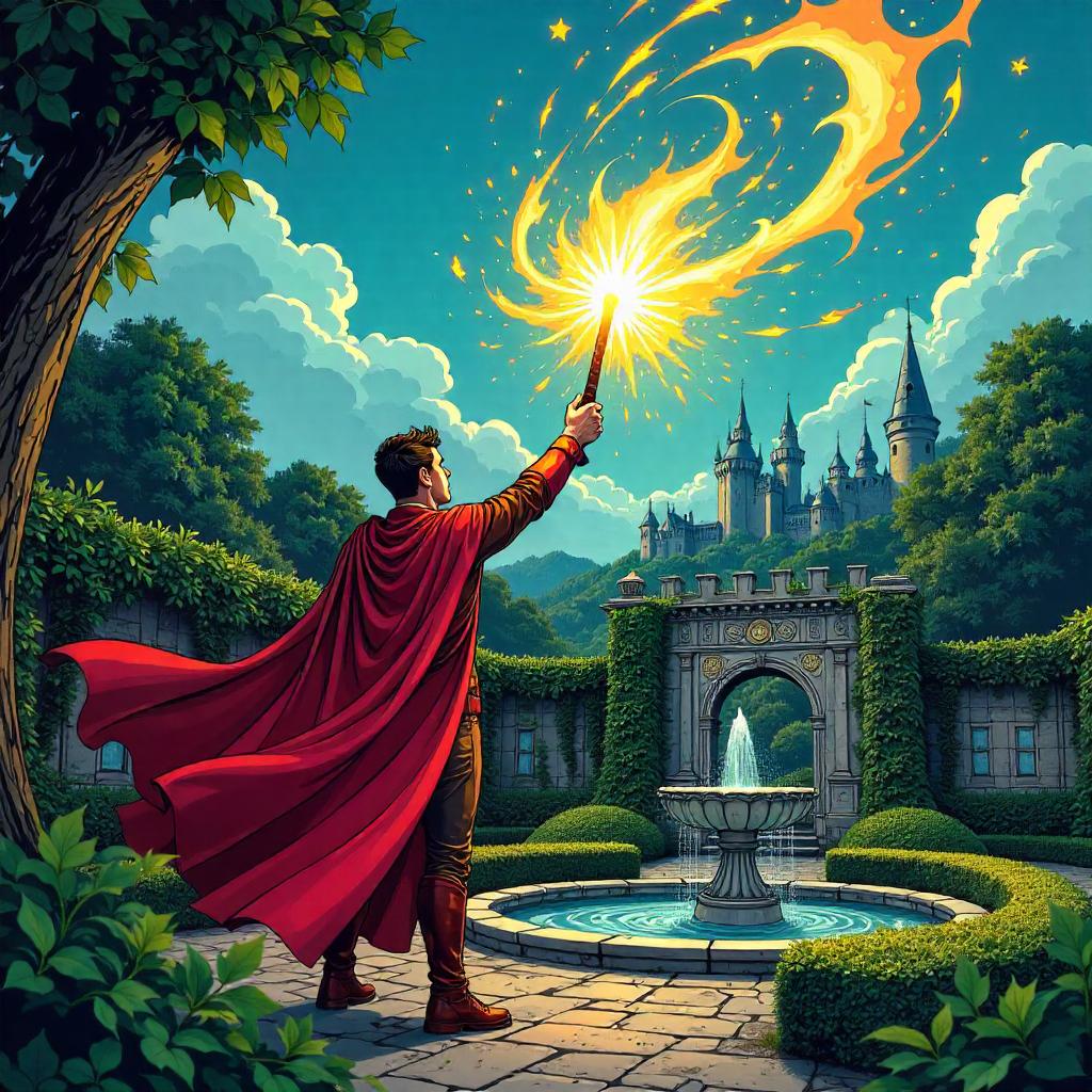 Comic Book Style Magic Wand in Castle Garden