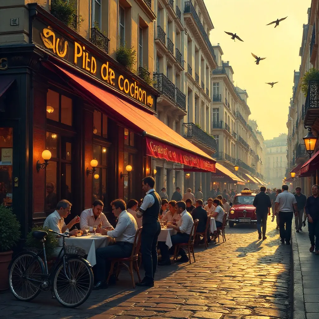 Bustling Paris Street with Au Pied de Cochon Café