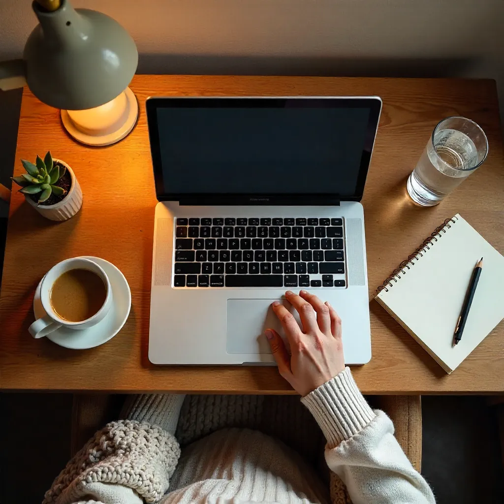 Cozy Overhead Desk Setup with Laptop and Beverages