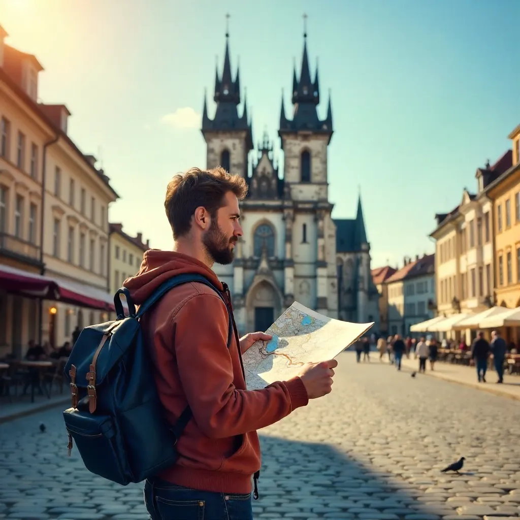 Traveler with City Map Before Novi Sad Cathedral