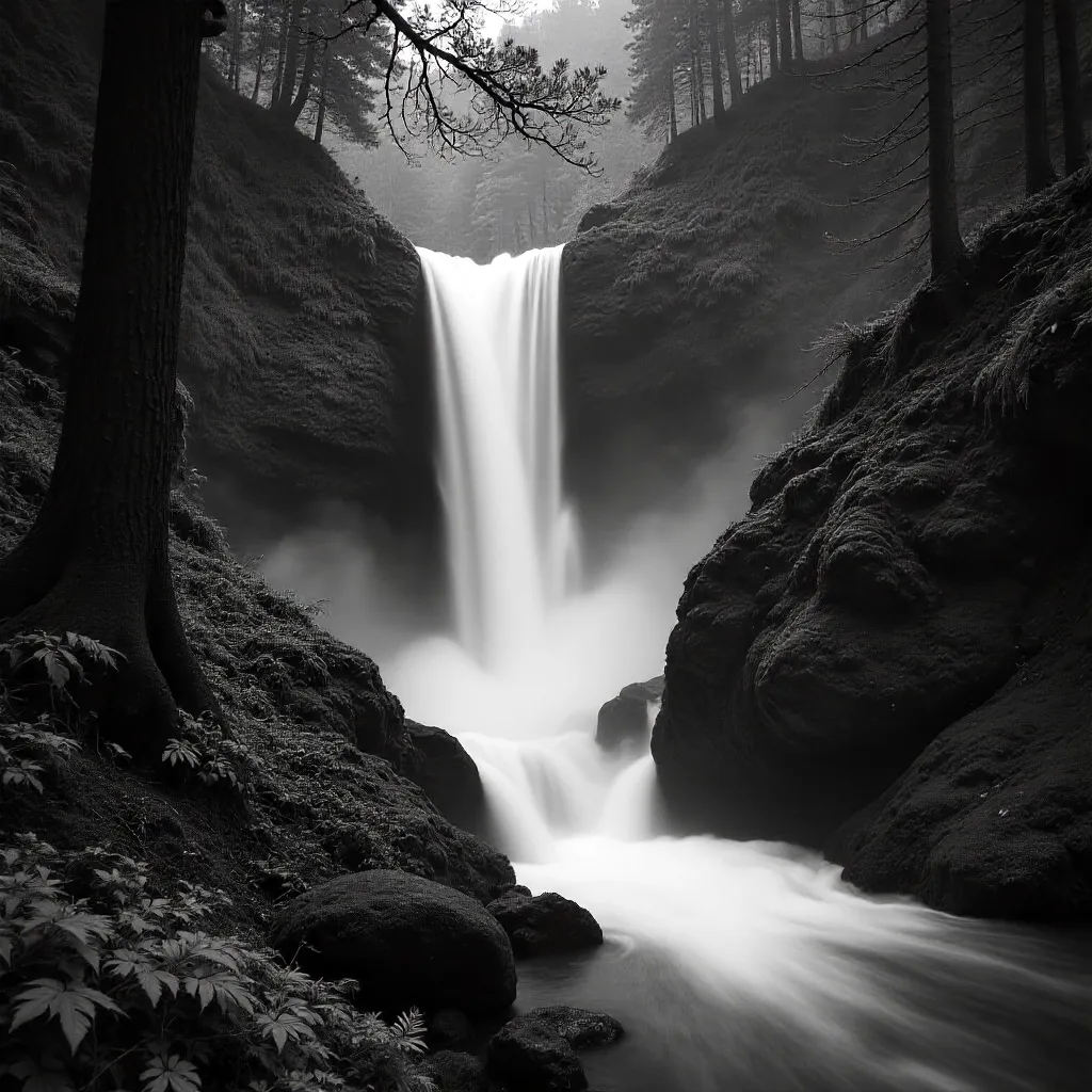 Monochrome Waterfall in Düzce's Lush Forest