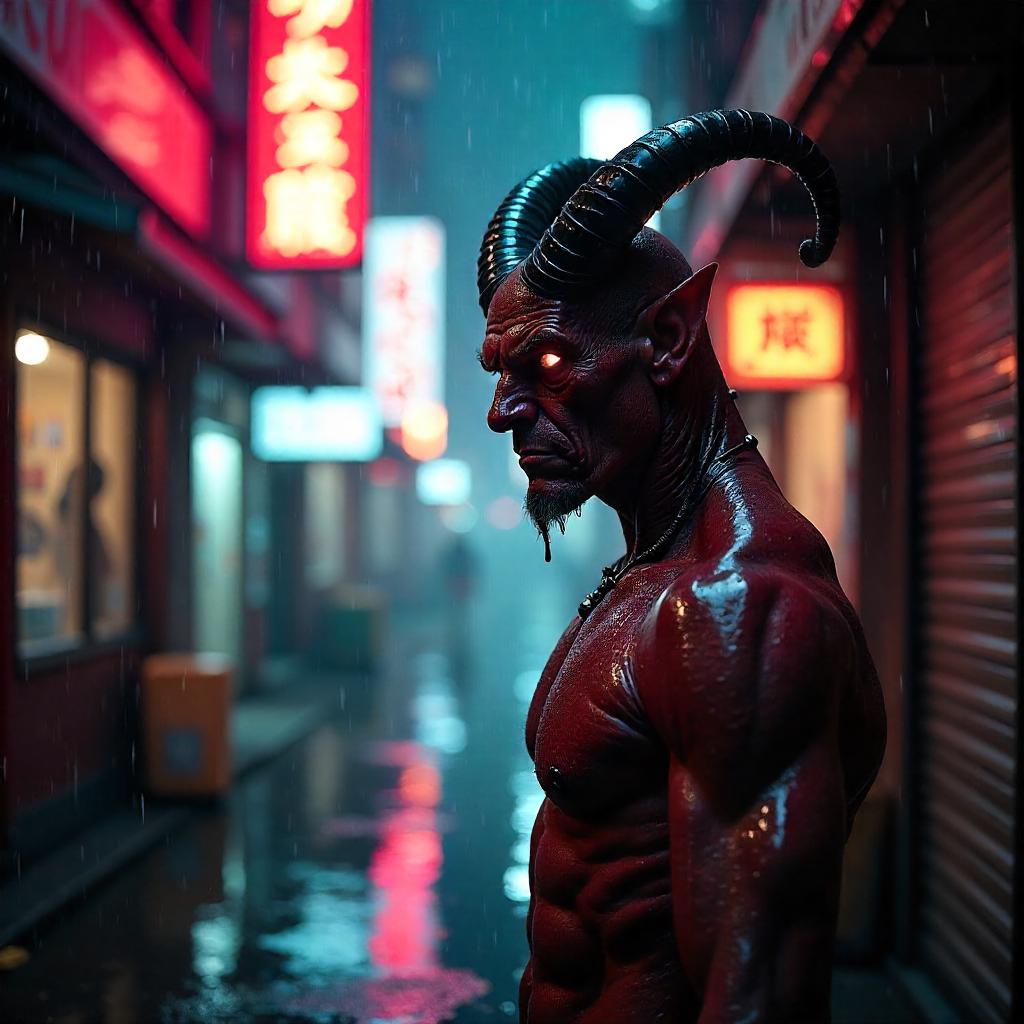 Demon in Neon Cyberpunk Street Photo