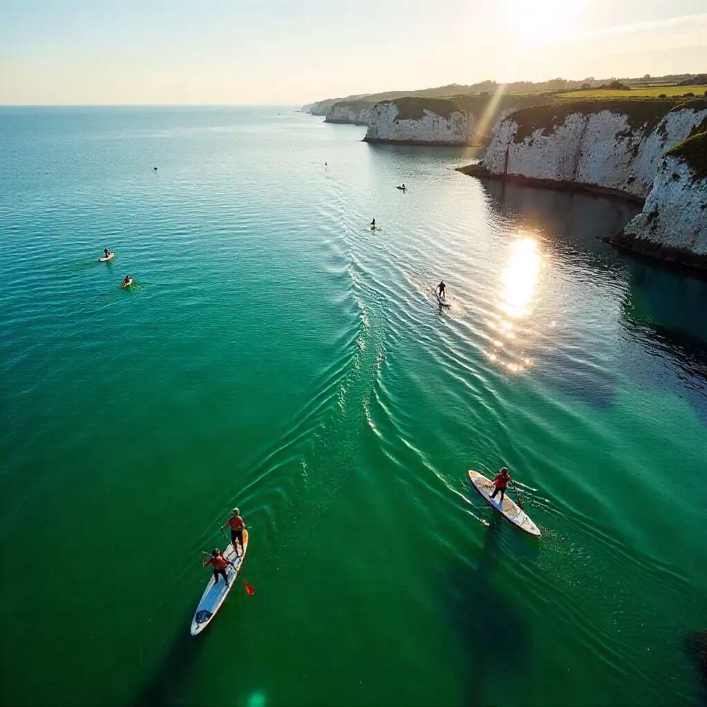 Drone View: Paddleboarders on Tranquil Exmouth Waters