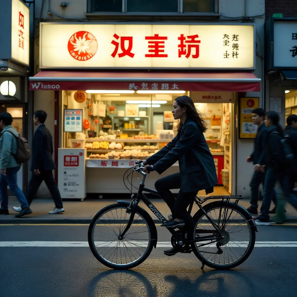 Cyclist in Tokyo: Woman on a Bicycle by a Grocery Store