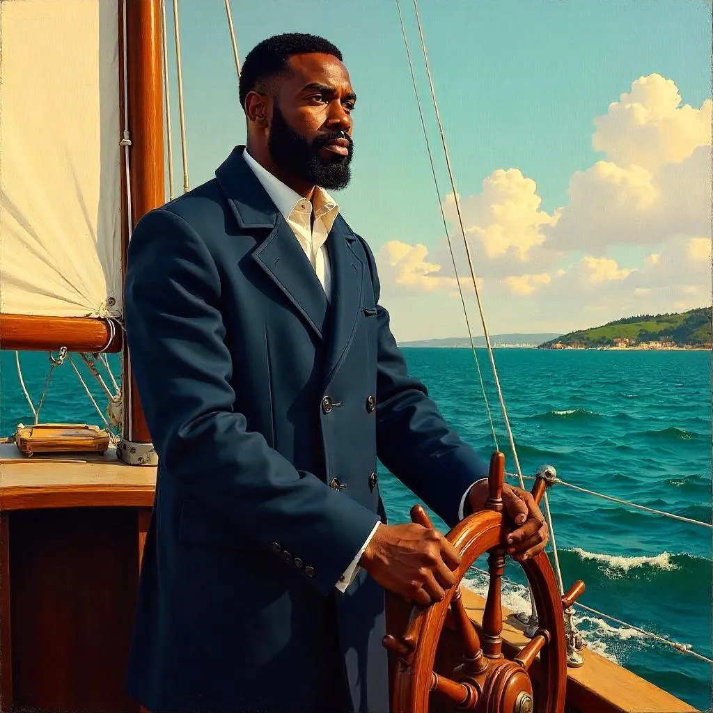 Confident Black Man at the Helm: Oil Portrait on a Boat