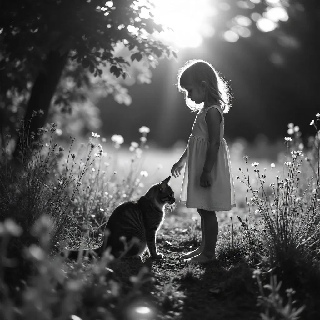 Monochrome Serenity: Girl and Cat Outdoors