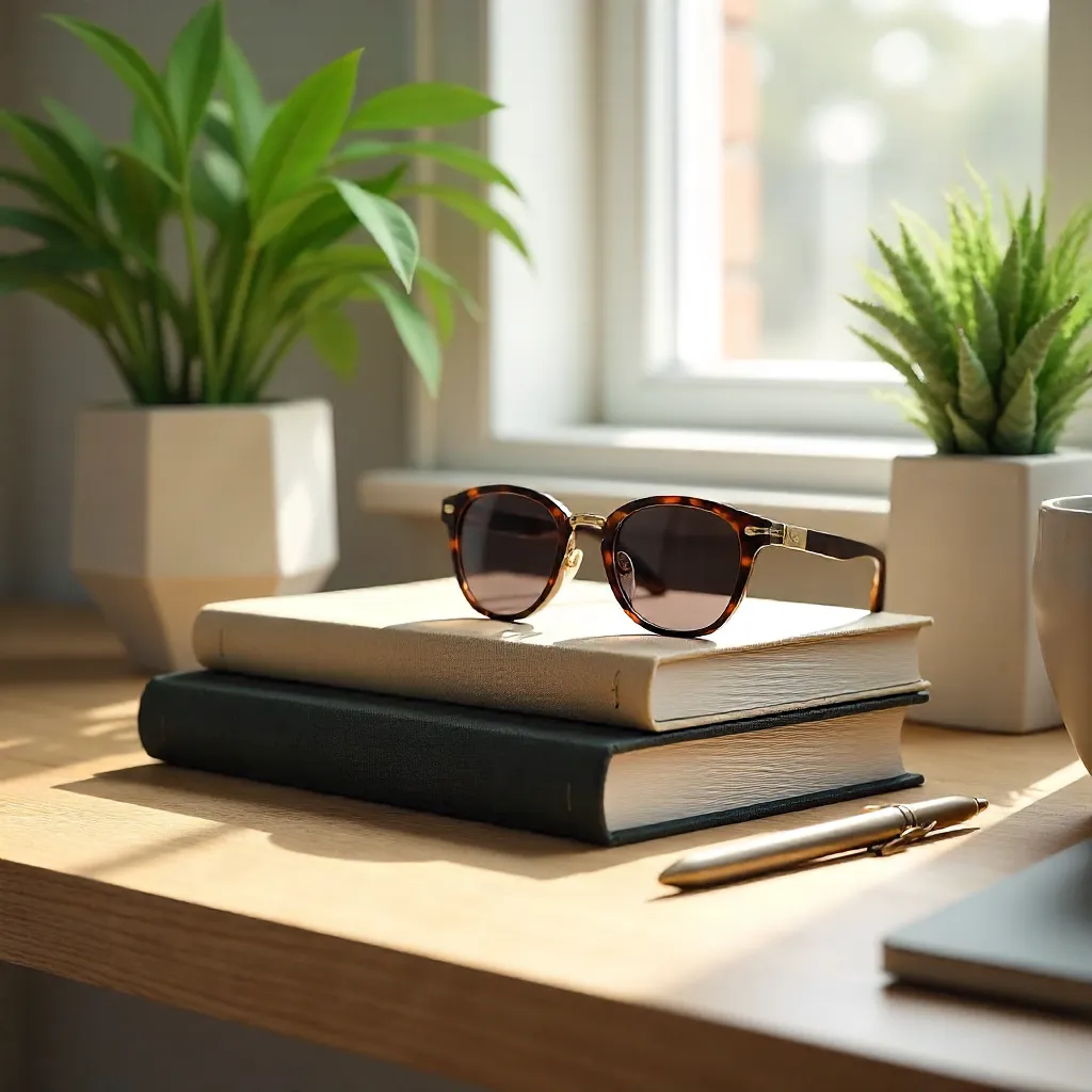 Stylish Desk Setup with Books, Sunglasses, and Plant