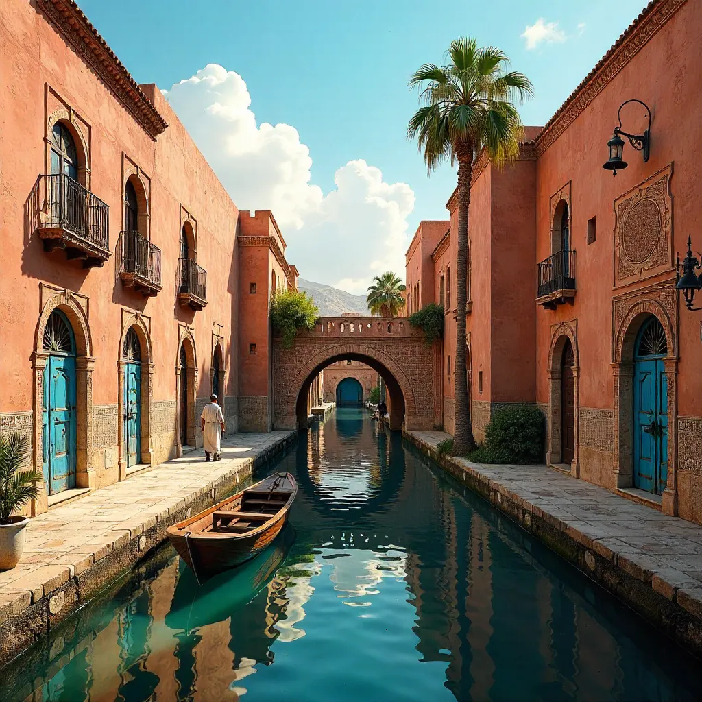 Fez Narrow Canal and Historic Architecture under a Bright Blue Sky