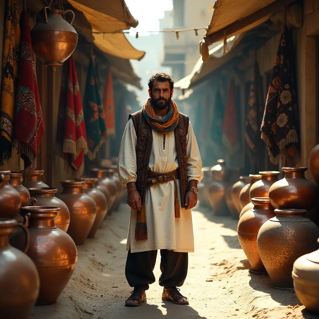 Man in Erbil market among copper pots and textiles