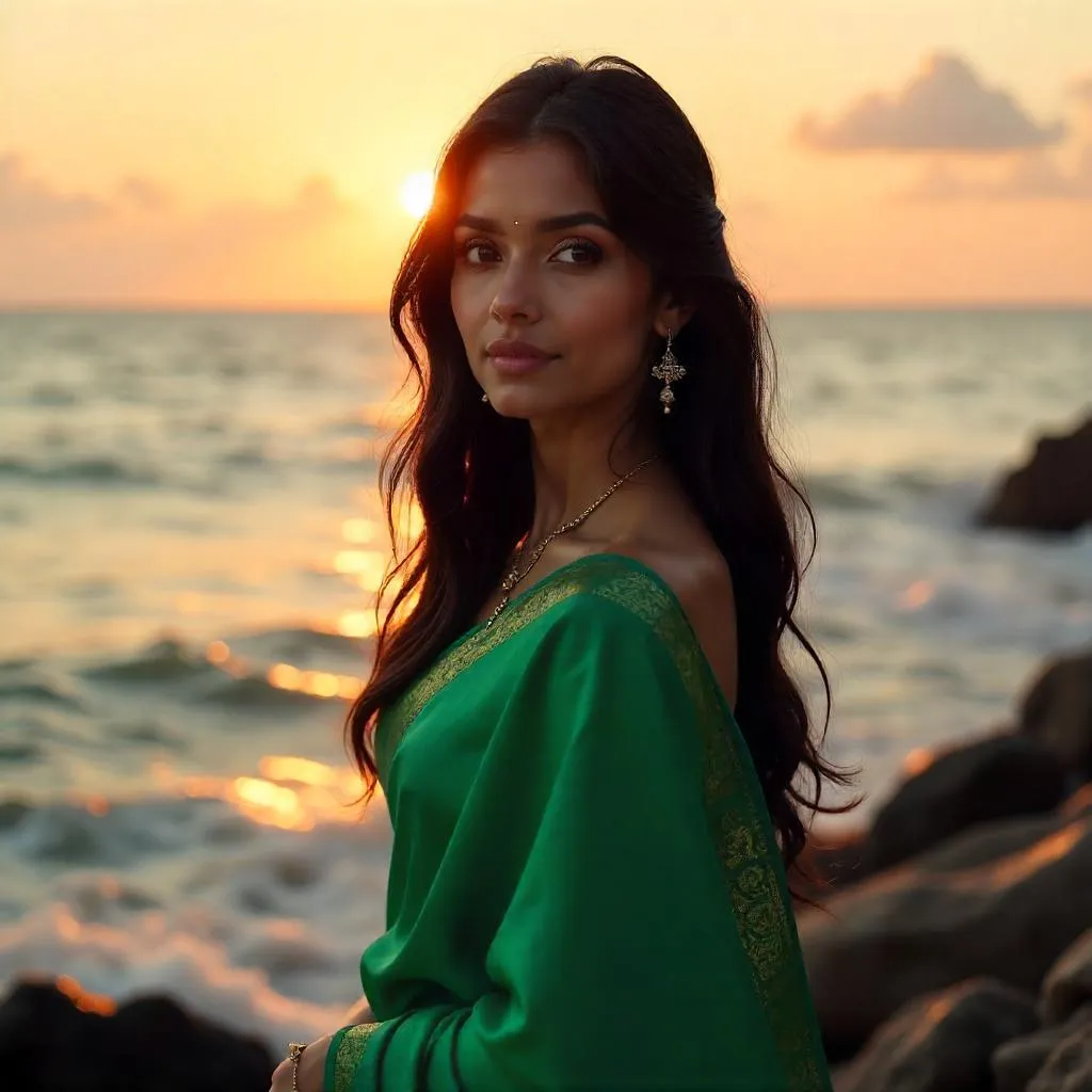Emerald Saree by the Ocean: Photoreal Portrait