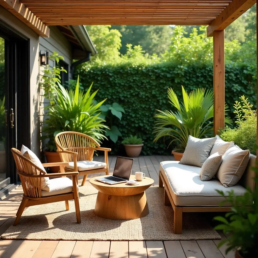 Inviting outdoor bamboo workspace with laptop