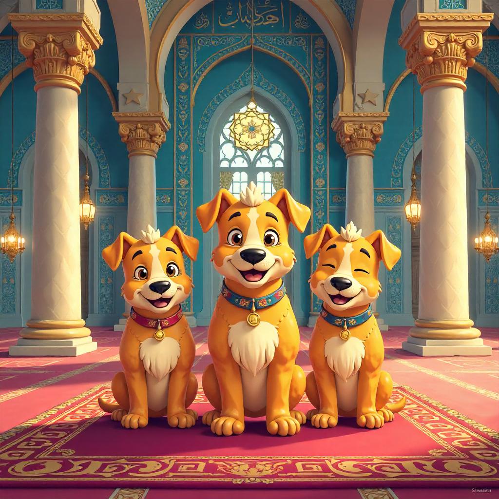 Friendly Cartoon Cerberus in a Grand Mosque