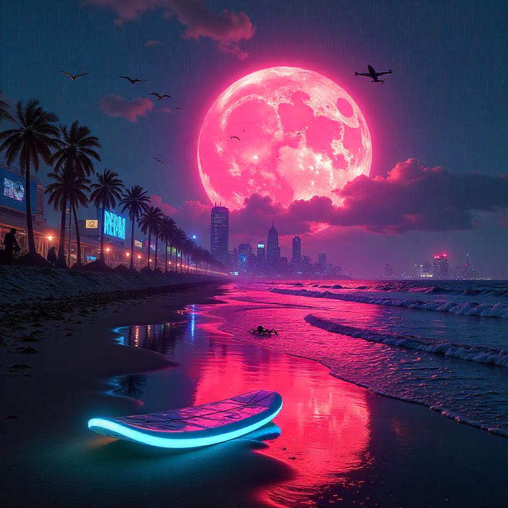 Neon Beach Under a Cyberpunk Supernova