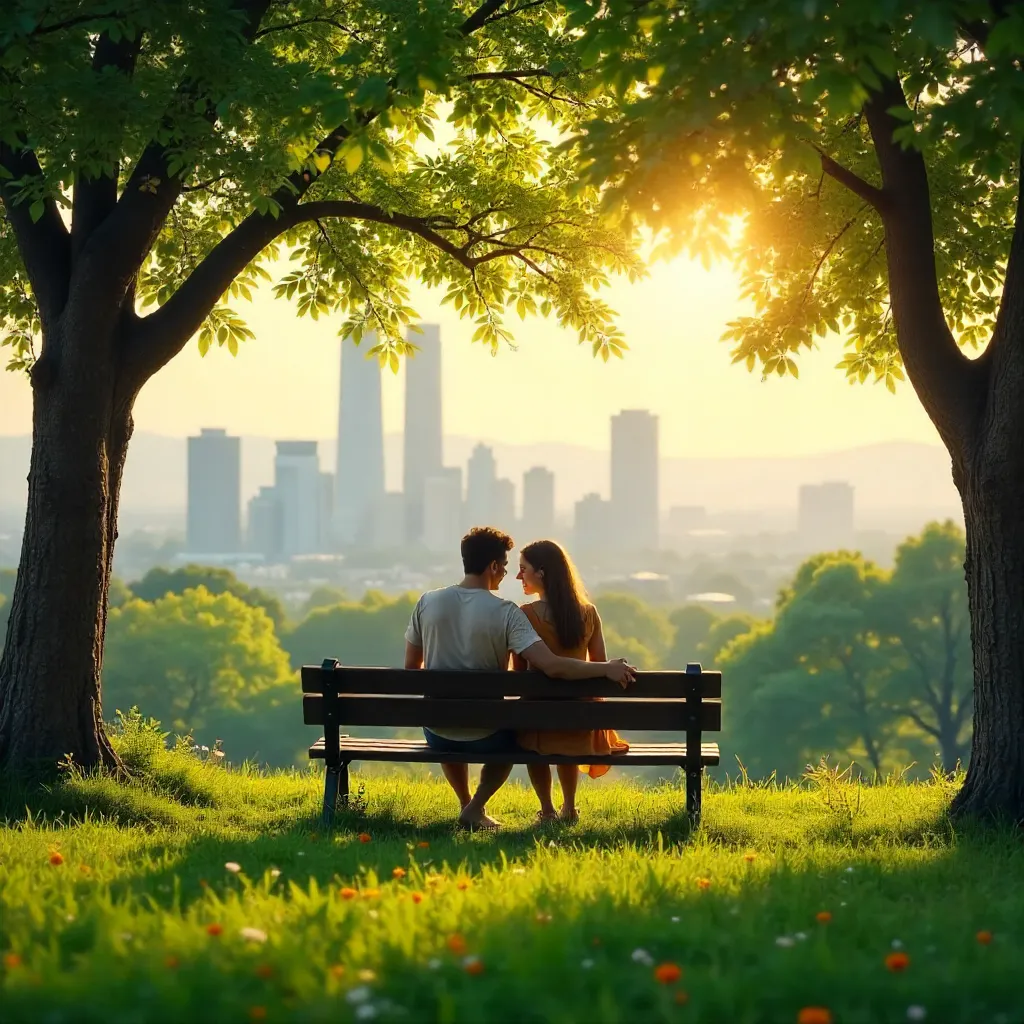 Young couple in a green park overlooking city skyline