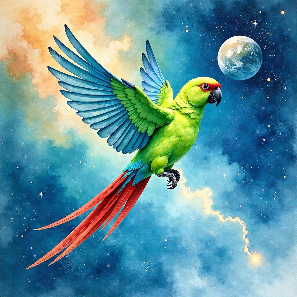 Parrot in Zero Gravity: Watercolor Dream