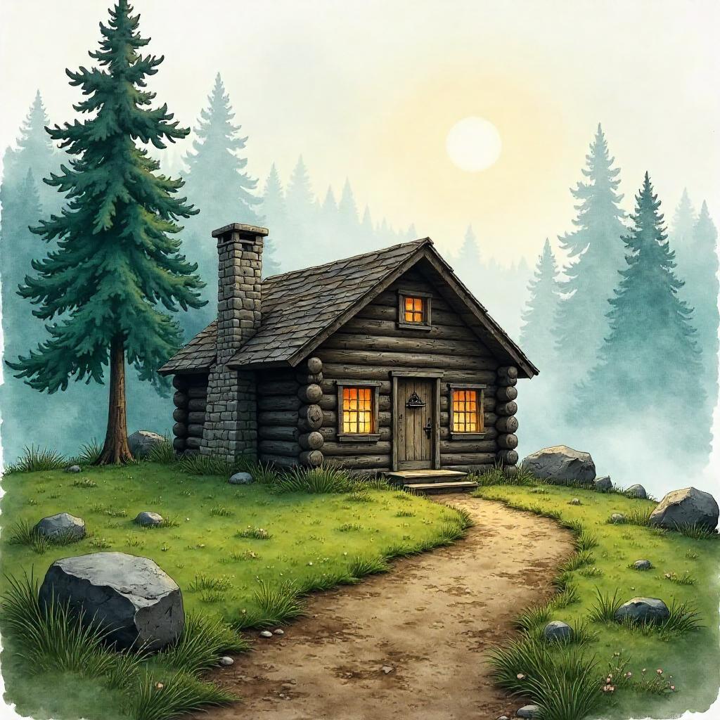 Mist in the Pines: Watercolor Log Cabin at Dawn