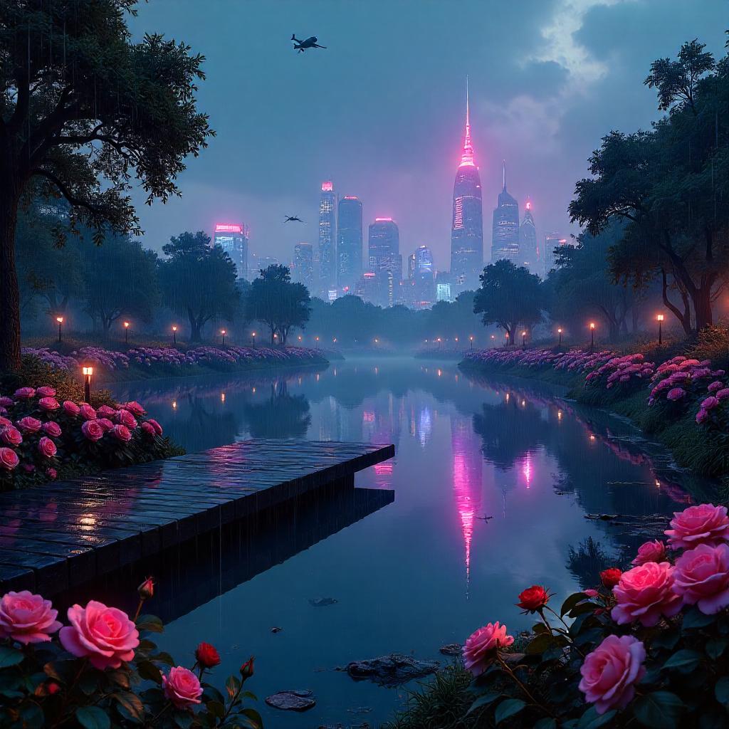 Neon Rose Lake in a Cyberpunk Garden