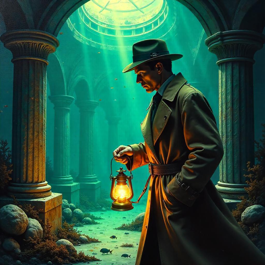 Noir Detective in Atlantis: An Underwater Oil Painting