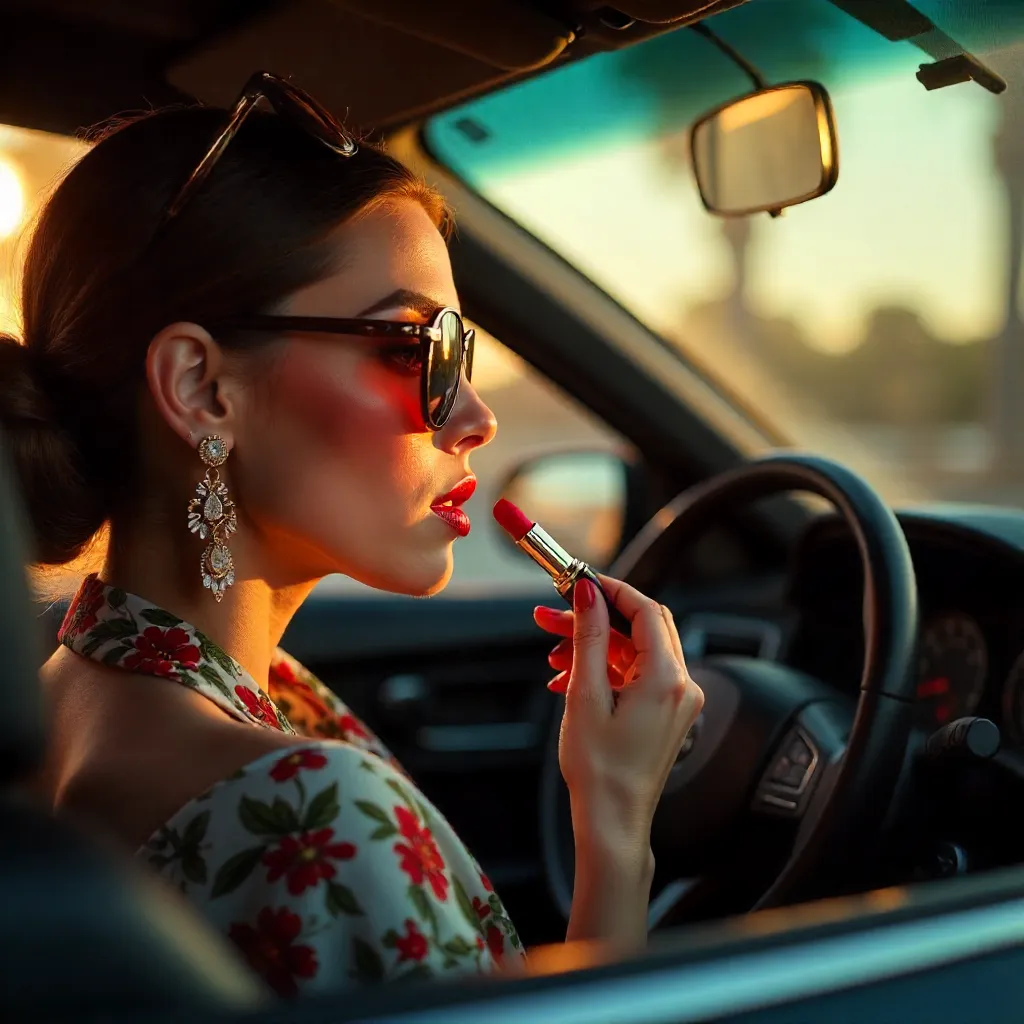 Vibrant Lips Reflected in a Car Mirror