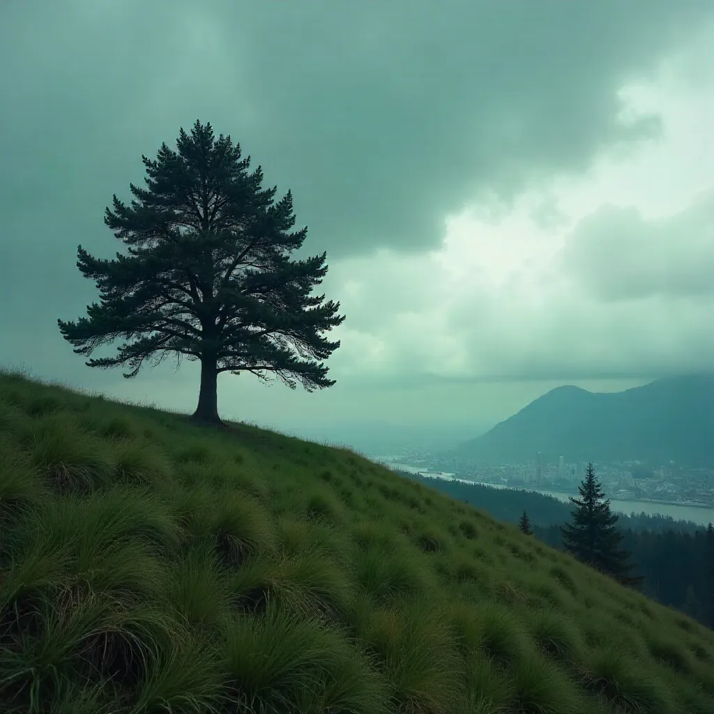 Solitary Tree Silhouette on a Vancouver Grass Hill