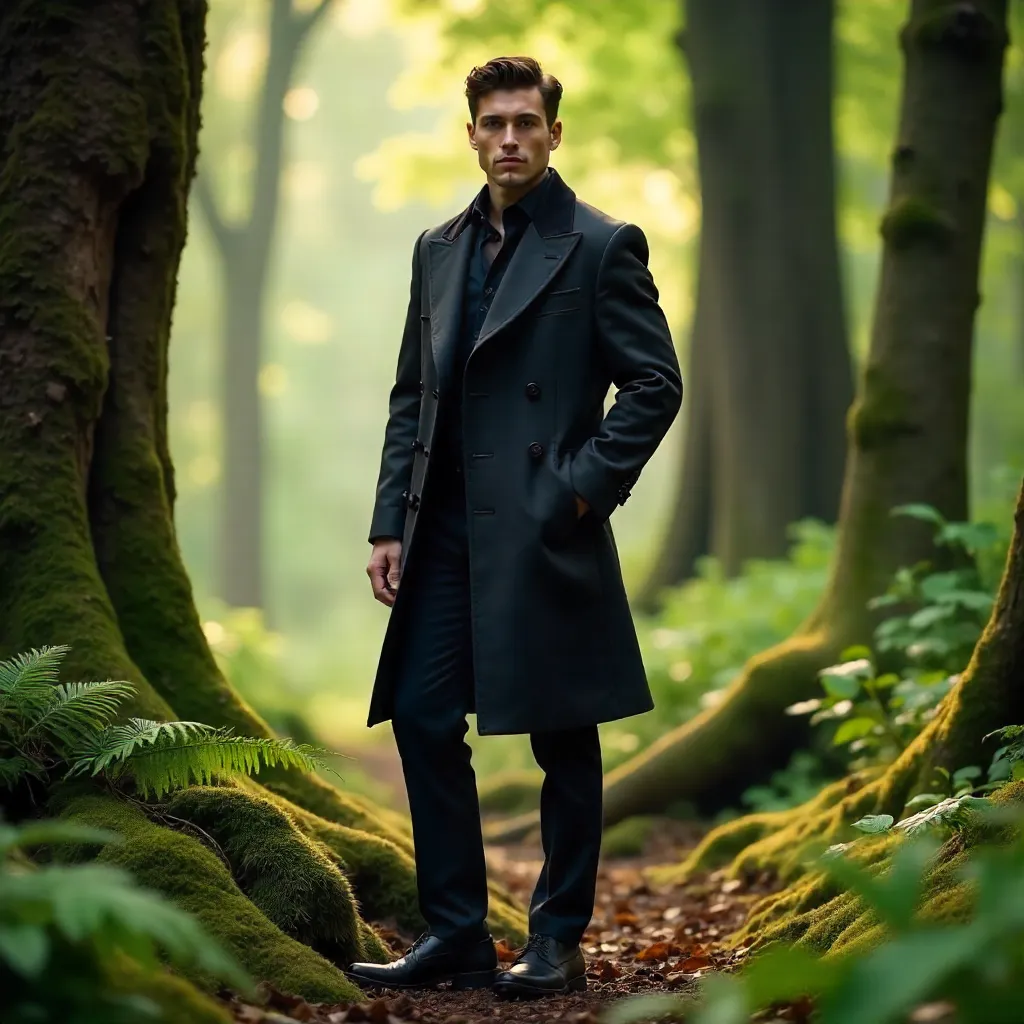 Elegant Forest Portrait: Confident Young Man in a Coat