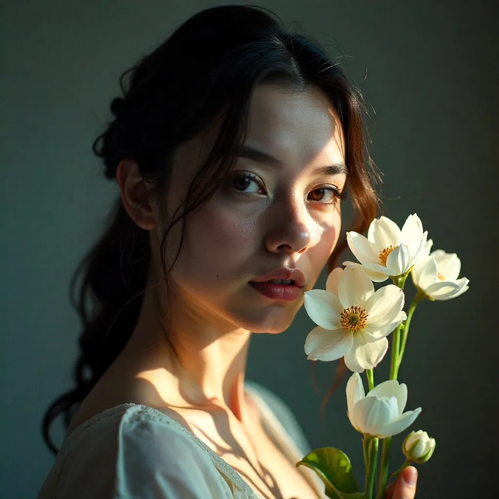 Moody Portrait with White Flowers in Soft Light