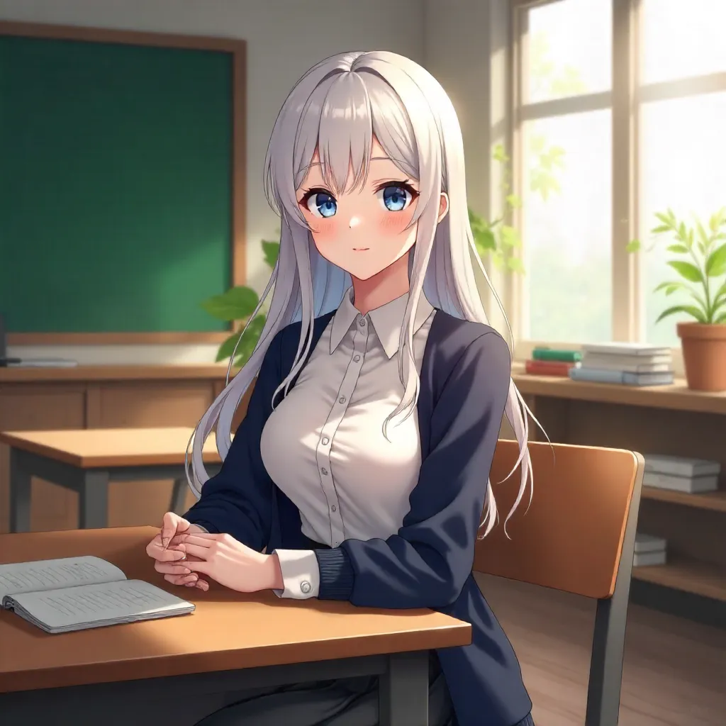 Elegant Caucasian Anime Girl in a Sunlit Classroom