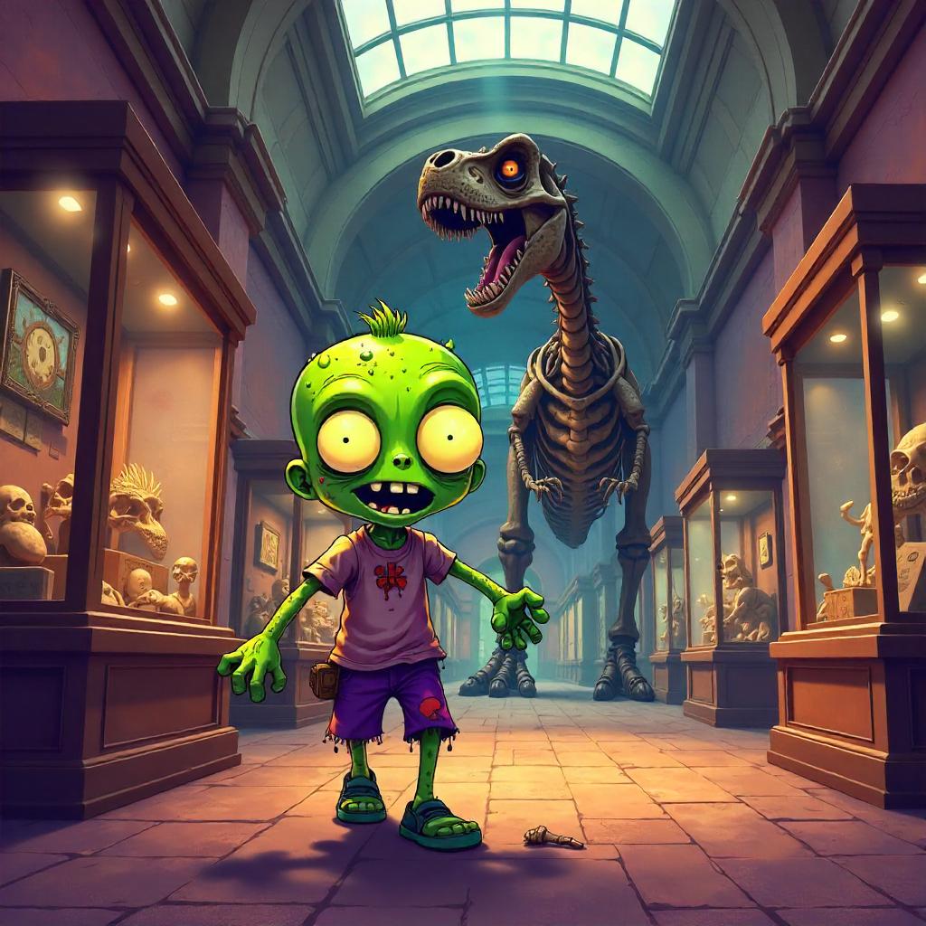 Whimsical Cartoon Zombie in a Museum Hall