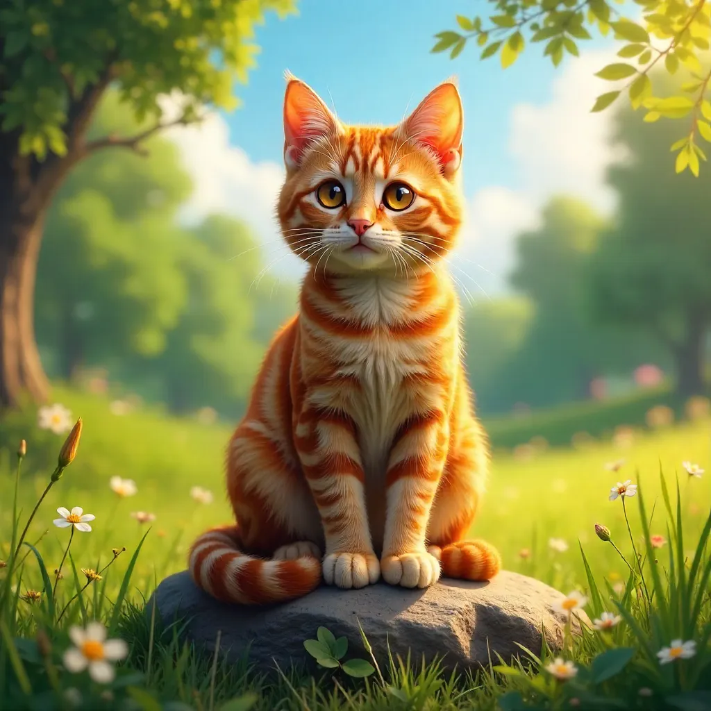 Ginger Tabby on a Sunny Rock in Greenery