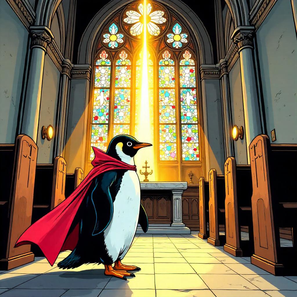 Penguin in a Chapel: Comic Book Hero